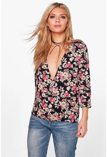 Nora Dark Floral Wrap Front Blouse