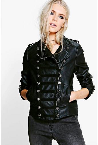 Hollie Military Button Detail Faux Leather Jacket