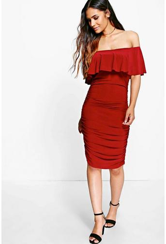 Ari Slinky Off Shoulder Ruched Bodycon Dress