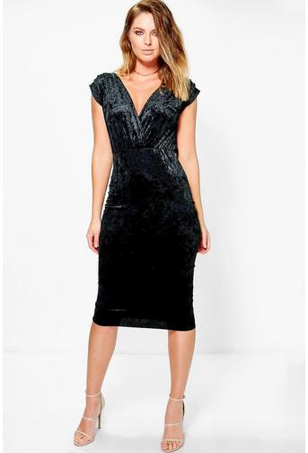 Afia Crinkled Velvet Wrap Midi Bodycon Dress