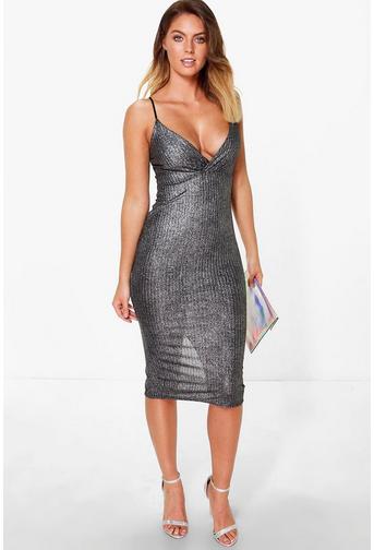 Sara Metallic Ribbed Midi Bodycon Dress