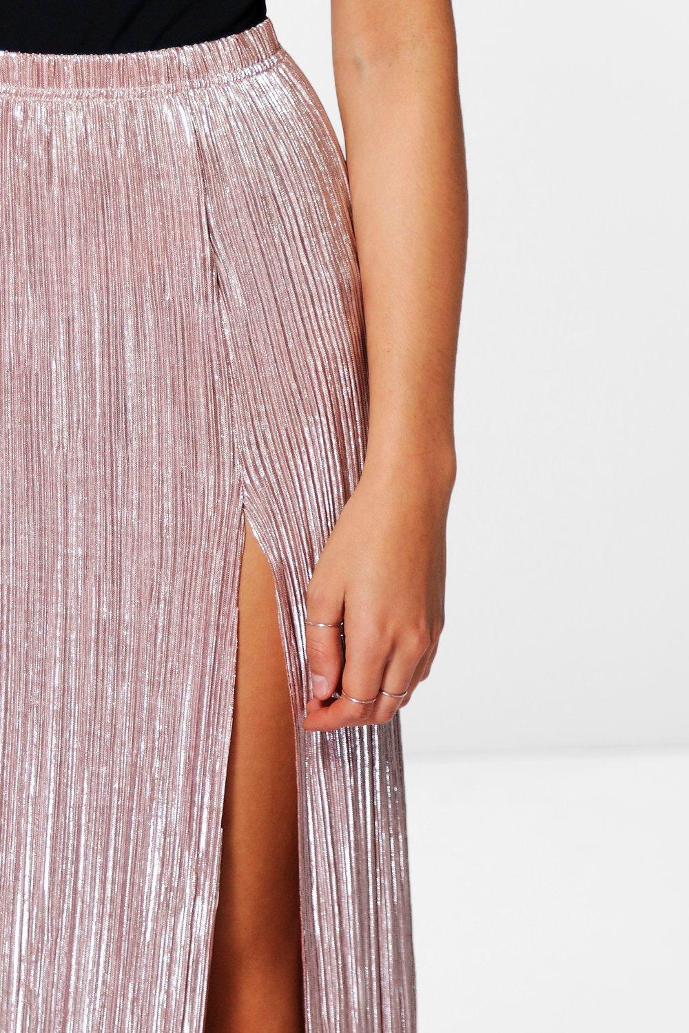 Boohoo Womens Yazzmin Metallic Pleated Thigh Split Maxi Skirt | eBay