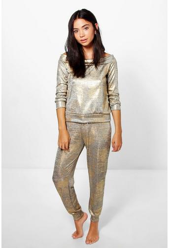 Poppy Slash Neck Metallic Knit Jogger Loungewear Set