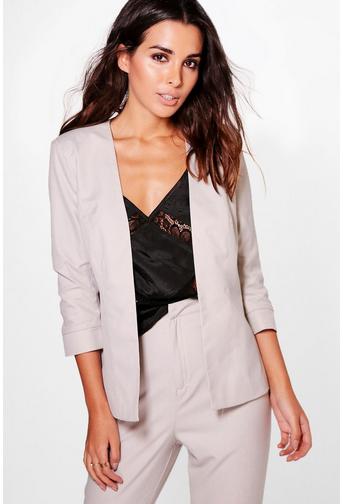 Imogen Woven Ruched Sleeve Collarless Blazer