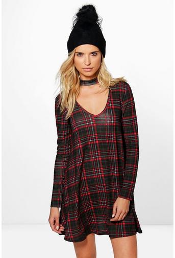 Corine Check High Neck Swing Dress