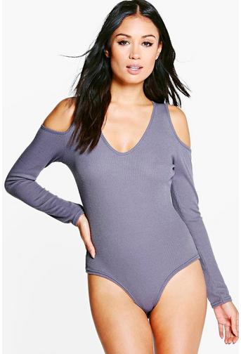 Aaliyah Cold Shoulder Plunge Rib Knit Bodysuit