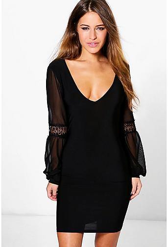Trixy Mesh and Lace Sleeve Bodycon Dress