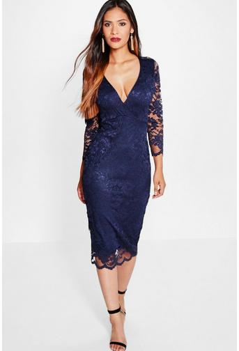 Cat All Over Scallop Lace Midi Bodycon Dress