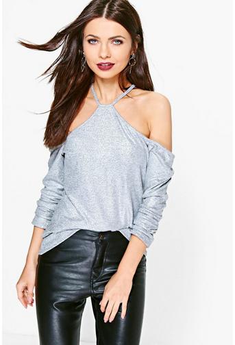 Amber Metallic Long Sleeve Cold Shoulder Top