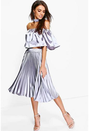 Eve Satin Off The Shoulder Crop & Skirt Co-Ord