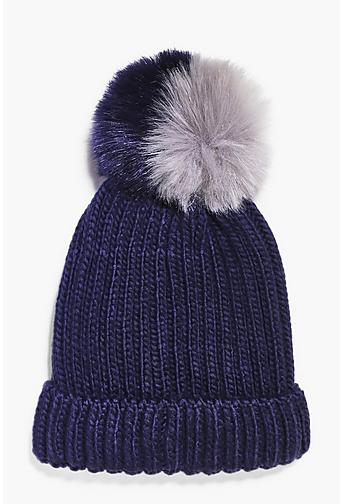 Mya Two Tone Faux Fur Pom Beanie Hat
