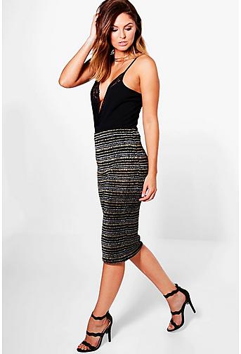 Sarna Metallic Stripe Mesh Midi Skirt