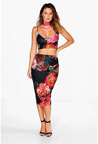 Daisy Floral Choker Bralet And Midi Skirt Co-ord