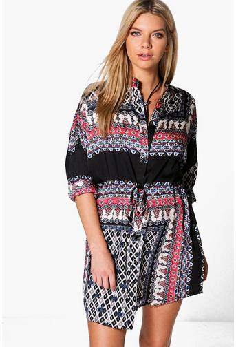 Emily Tile Print Tie Waist Shirt Dress