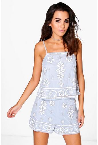 Eva Embellished Crop Top And Short Co-Ord Set