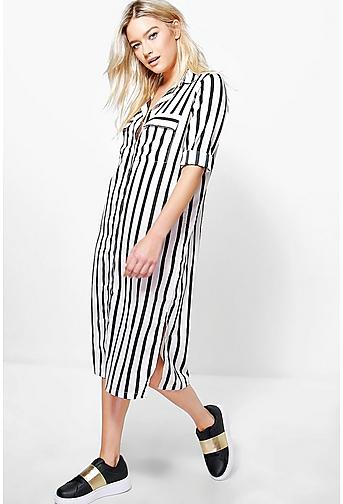 Krya Monochrome Stripe Midi Shirt Dress