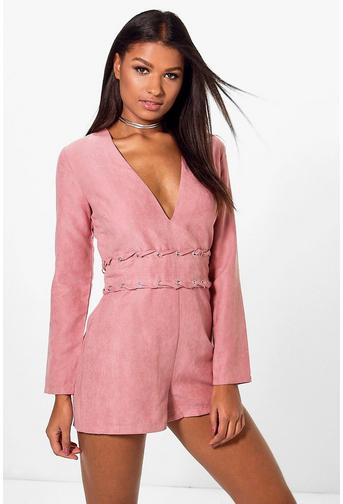 Kim Long Sleeve Plunge Neck Suedette Playsuit