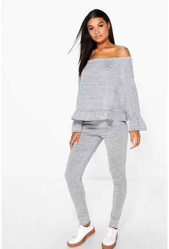 Esme Bardot Ruffle Hem Knit Top And Legging Set