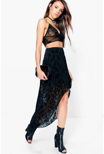 Paloma Velvet Baroque Mesh High Low Maxi Skirt