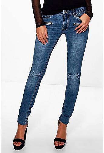 Rose Zip Detail Rip Jeans