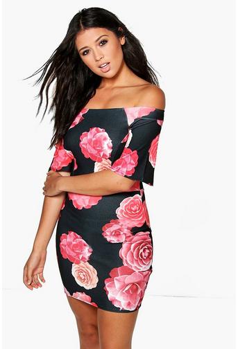 Gia Floral Print Flute Sleeve Bodycon Dress