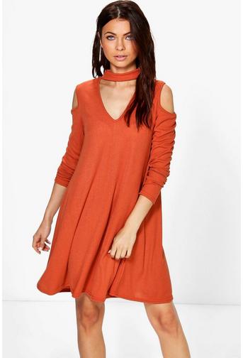 Olivia Cold Shoulder Choker Rib Knit Swing Dress