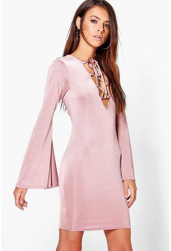 Willa Lace Up Flared Sleeve Bodycon Dress