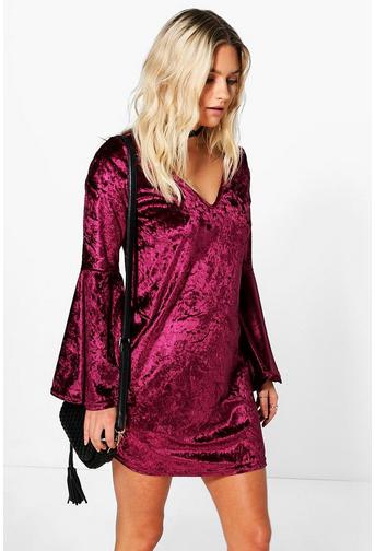 Heather Velvet Plunge bell sleeve Shift Dress