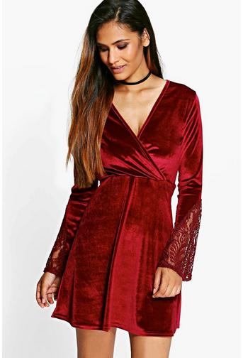 Leah Velvet Crochet Sleeve Wrap Skater Dress