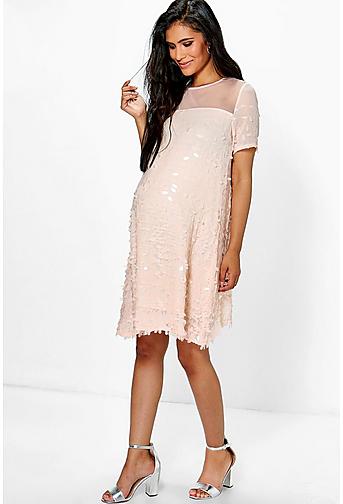 Maternity Hollie Sequin and Mesh Cap Sleeve Swing Dress