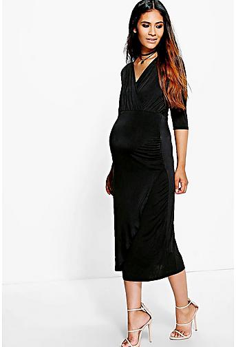 Maternity Claire Slinky Wrap 3/4 Sleeve Midi Dress