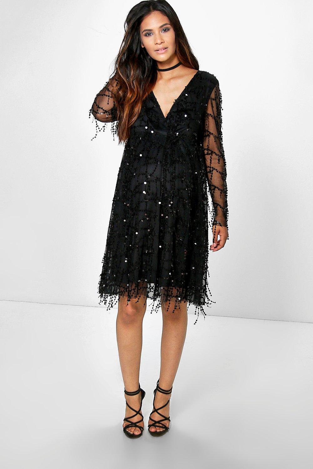 Maternity Kady Sequin Wrap Over Skater Dress Boohoo