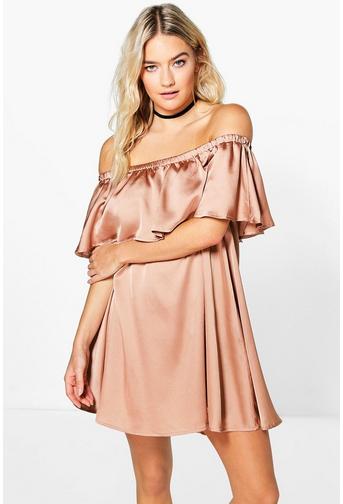 Kyra Satin Frill Off Shoulder Shift Dress Boohoo