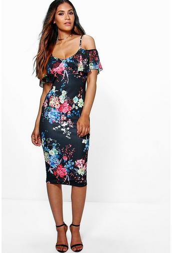 Sara Frill Cold Shoulder Floral Midi Dress