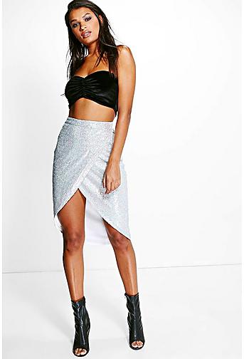 Karlie Holographic Sequin Wrap Front Midi Skirt