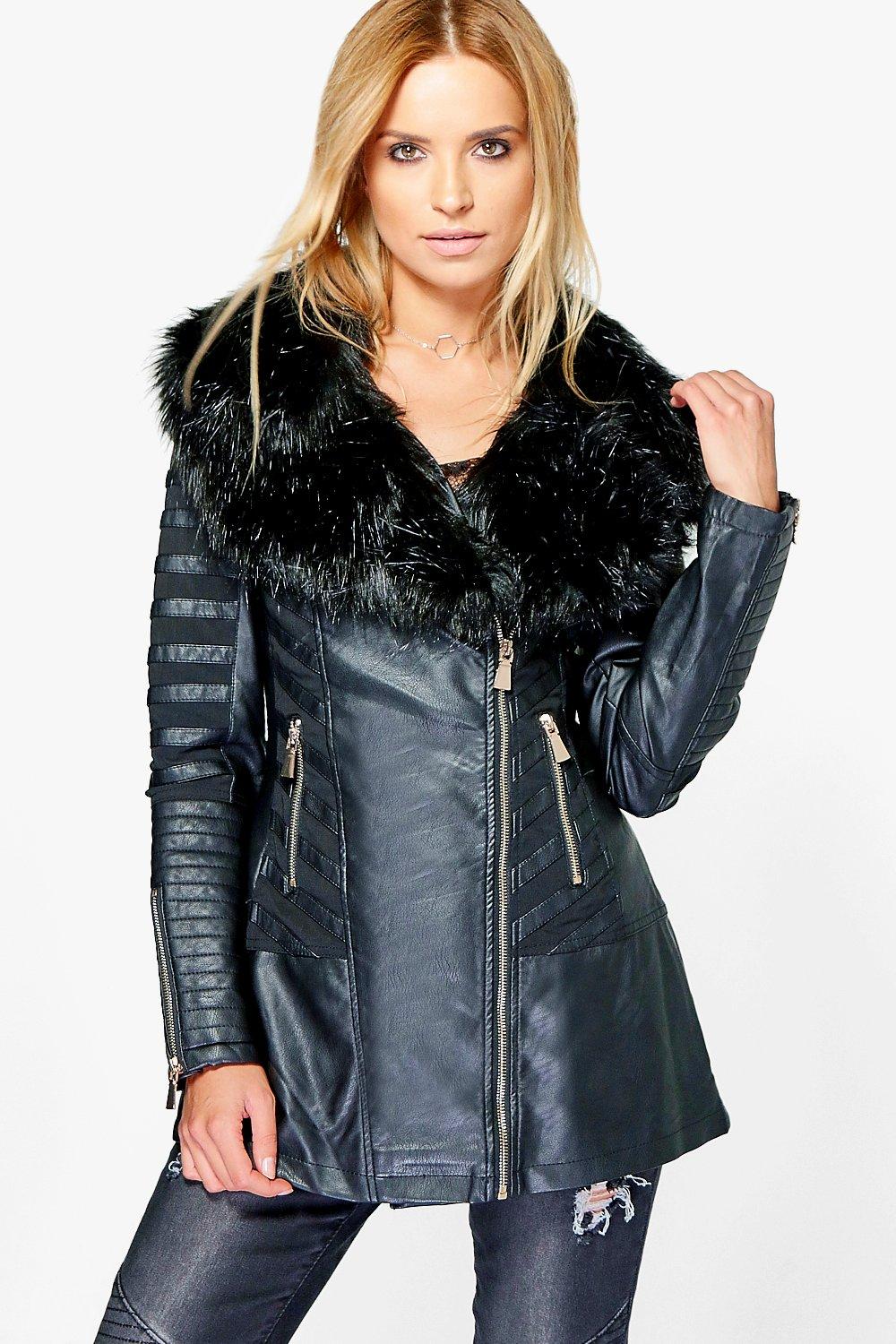 Brooke Longline Faux Fur Trim Faux Leather Jacket | Boohoo