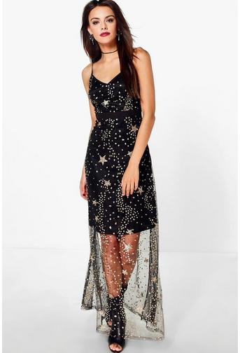 Boutique Lola Sequin Star Print Strappy Maxi Dress