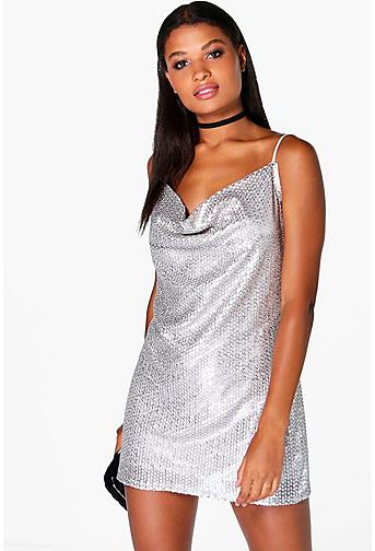 Leah Sequin Cowl Front Strappy Slip dress