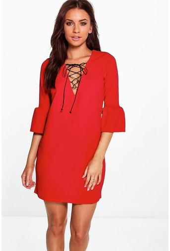 Laura Flute Sleeve Lace Up Shift Dress