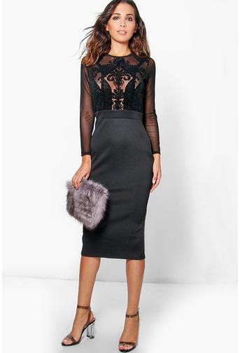 Fiona Flocked Long Sleeve Bodycon Midi Dress