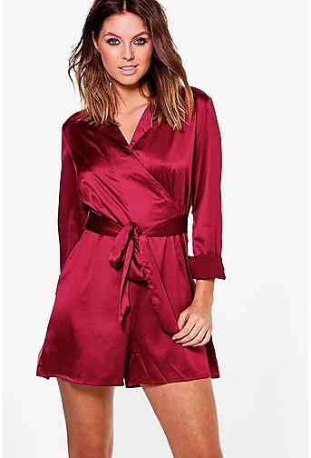 Rose Long Sleeved Wrap Front Satin Playsuit