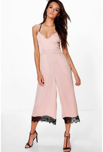 Zoe Satin Strappy Lace Hem Culotte Jumpsuit