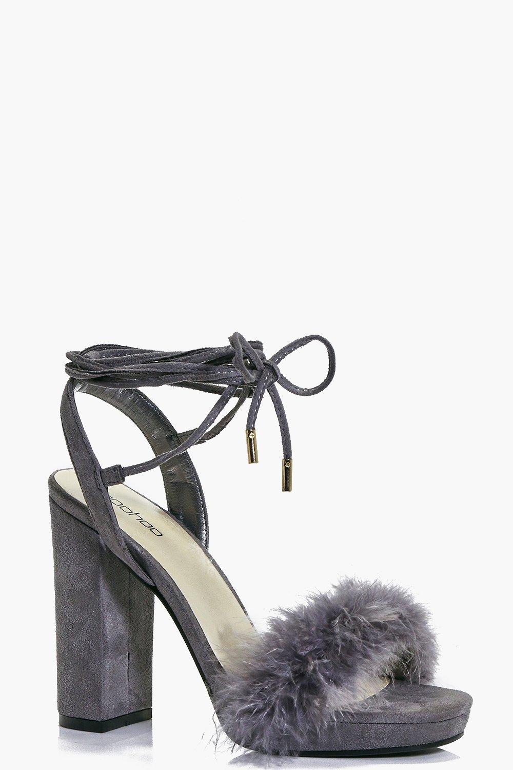 high heel leather shoes with feather detail