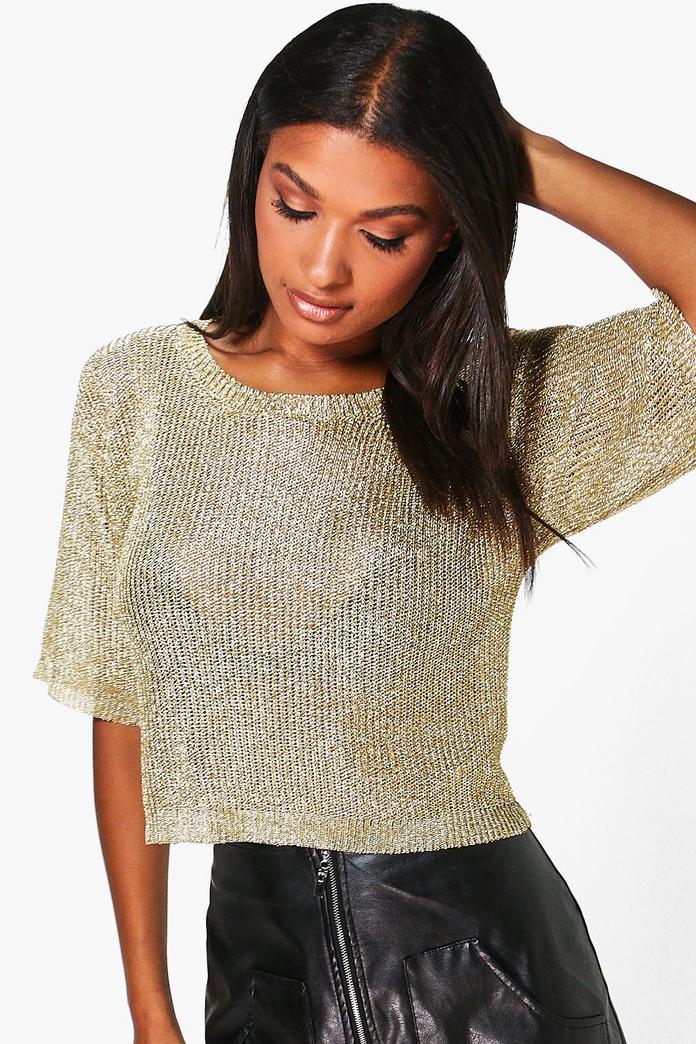 Charlotte Short Sleeve Metallic Knit Top Boohoo