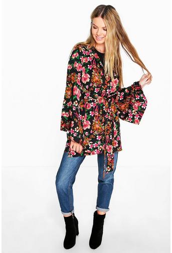 Amelia Dark Floral Wrap Front Woven Top