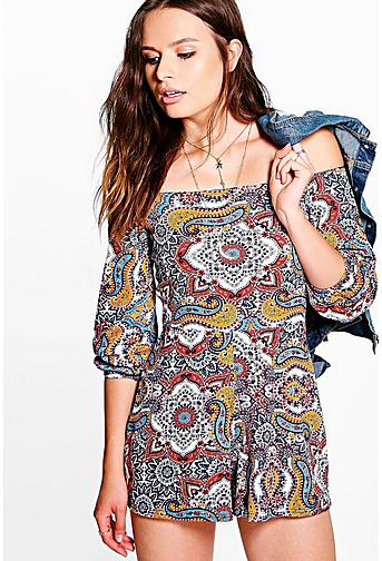 Kelly Paisley Print Of The Shoulder Playsuit