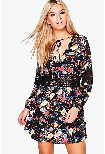 Lucy Floral Lace Insert Tie Neck Skater Dress