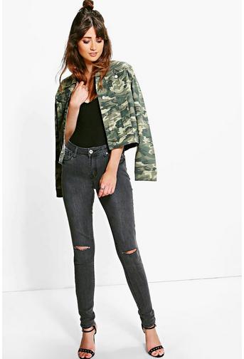 Mia Dark Grey Mid Rise Slit Knee Skinny Jeans
