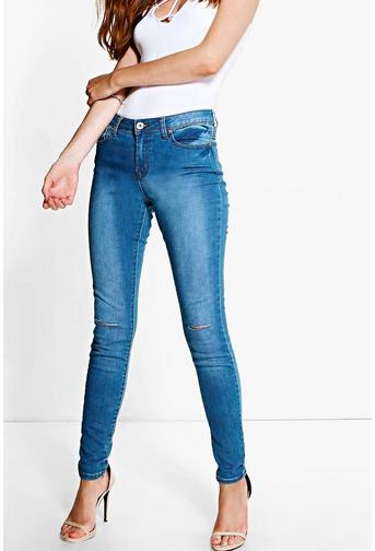 Nia Mid Rise Blue Wash Slit Knee Skinny Jeans