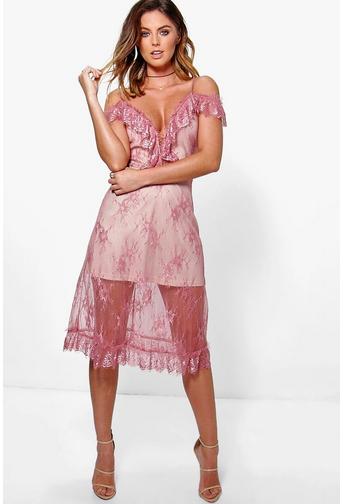 Greta Open Shoulder Lace Midi Skater Dress